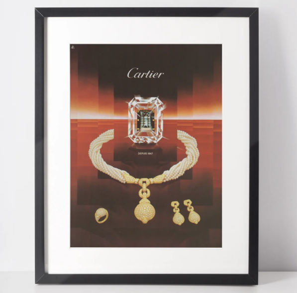 Журнальная реклама ювелирных украшений Cartier, 1985 год (источник: vintagevonwerth.de/products/cartier-1985-vintage-print-advertisement-jewelry-1980s-magazine-ad)
