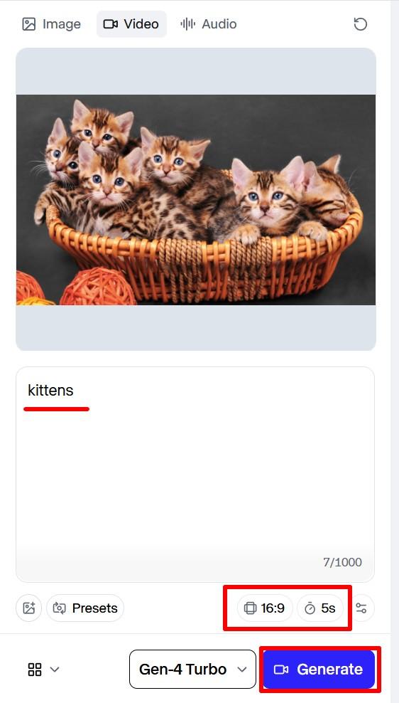 Выбрана картинка с котятами, настроены параметры — осталось нажать кнопку Generate (источник runwayml.com)