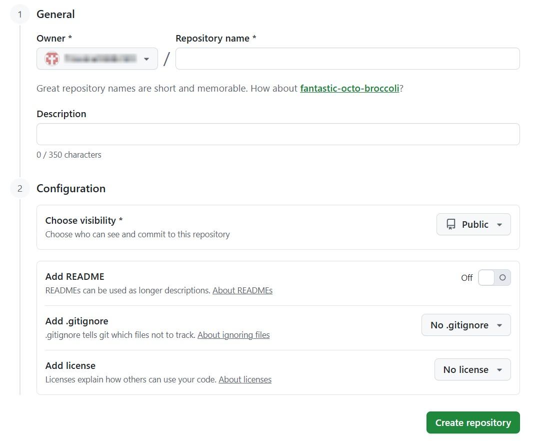 Форма, которую нужно заполнить для нового репозитория