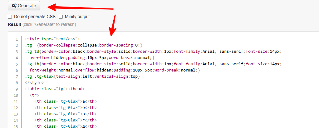 Готовый код таблицы 