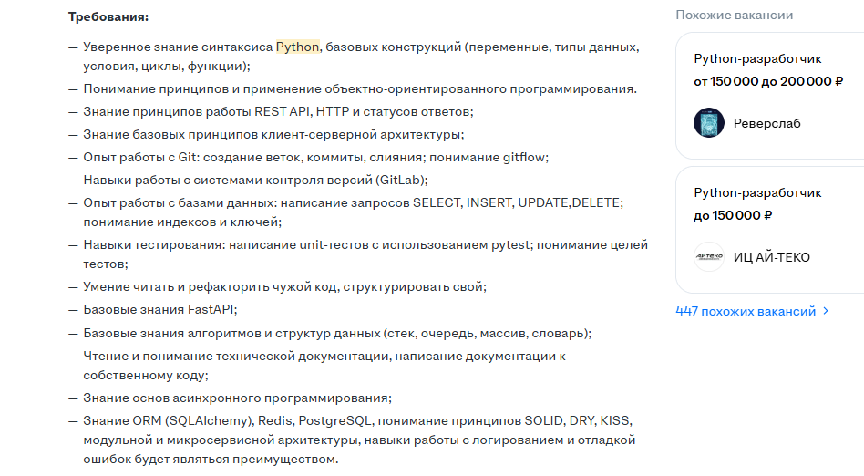 Требования к соискателям на hh.ru по запросу Python-разработчик