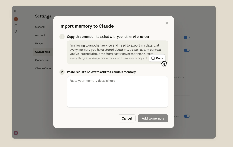 Anthropic предоставляет стандартизированный промпт, специально написанный для извлечения полного контекста из конкурирующих систем (источник: claude.com)
