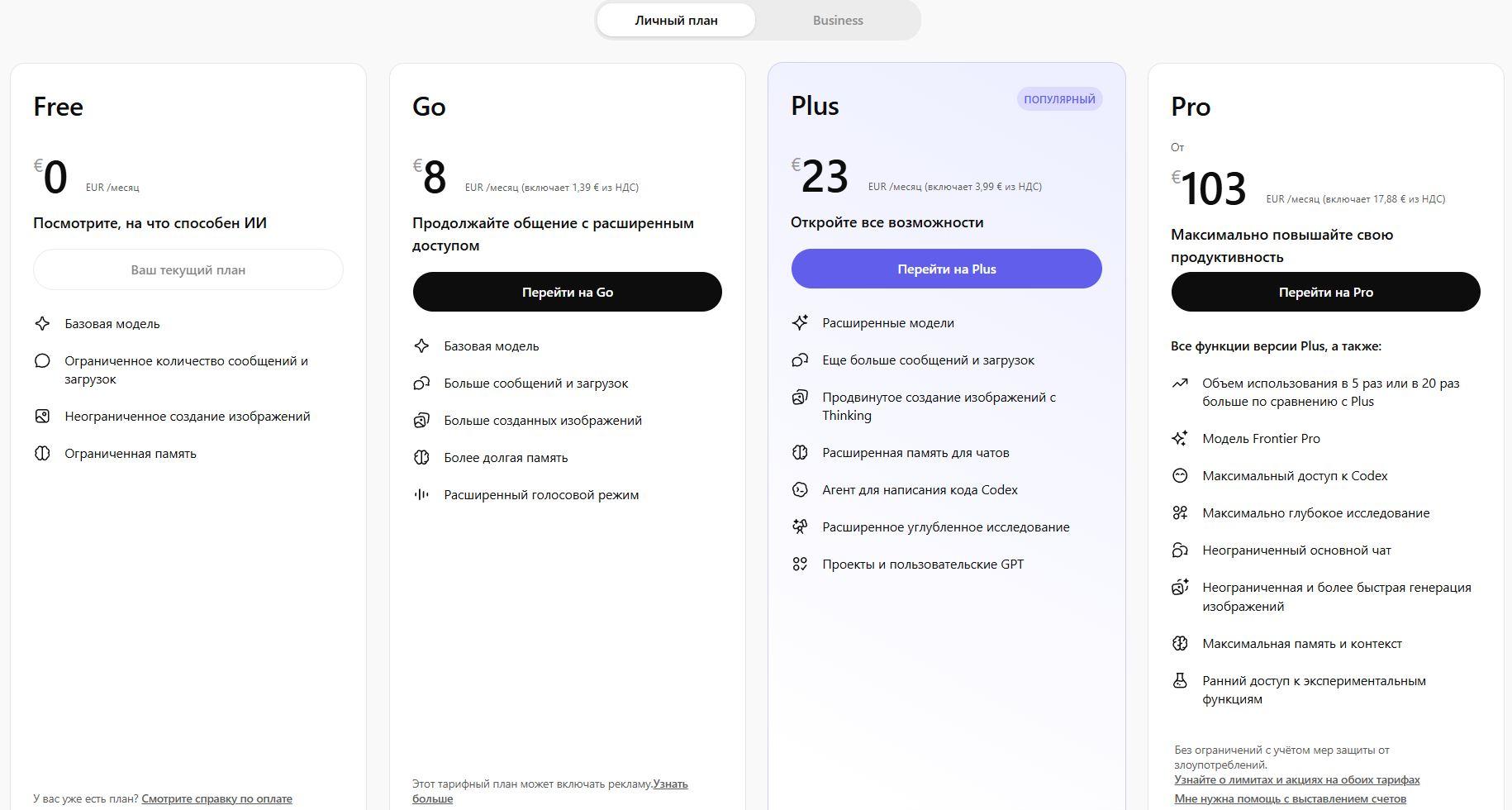 Личные тарифы ChatGPT (источник chatgpt.com)
