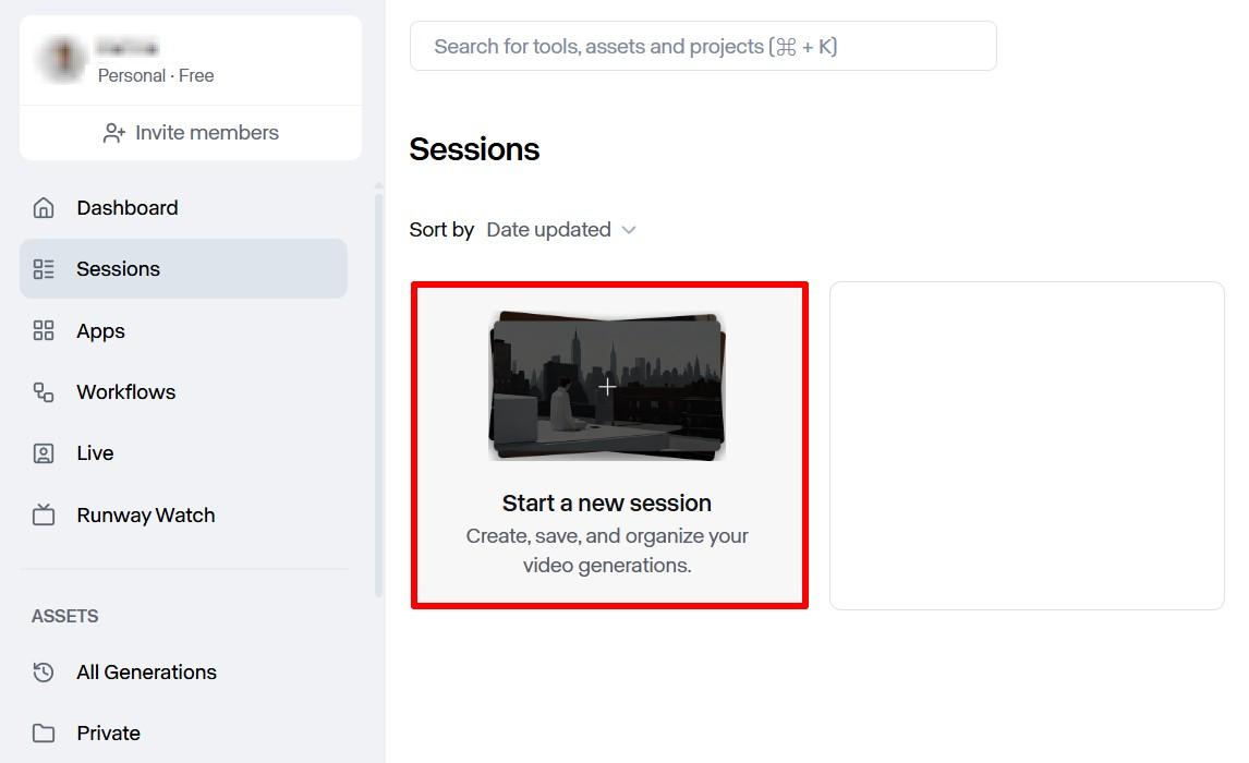Плитка Start a new session на платформе Runway (источник runwayml.com)