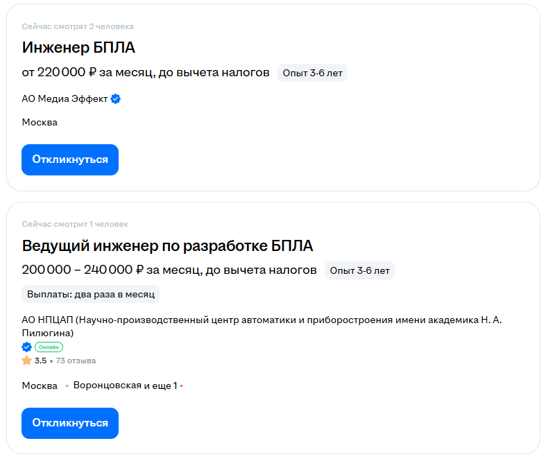 Примеры вакансия инженеров БПЛА на сайте hh.ru